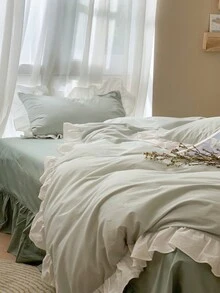 3pcs Green Velvet Floral Lace Duvet Cover Set - Green - View 8