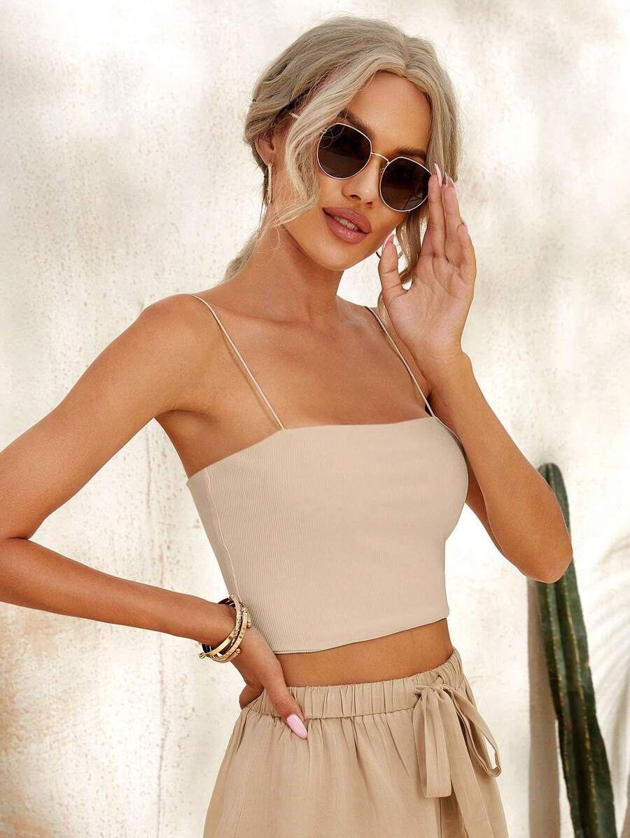 SHEIN Essnce Women'S Plain Texture Comfortable & Versatile Camisole Top - Apricot - View 1