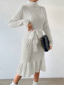 SHEIN Privé Women's Solid Color High Neck Ruffle Hem Sweater Dress - White - View 1