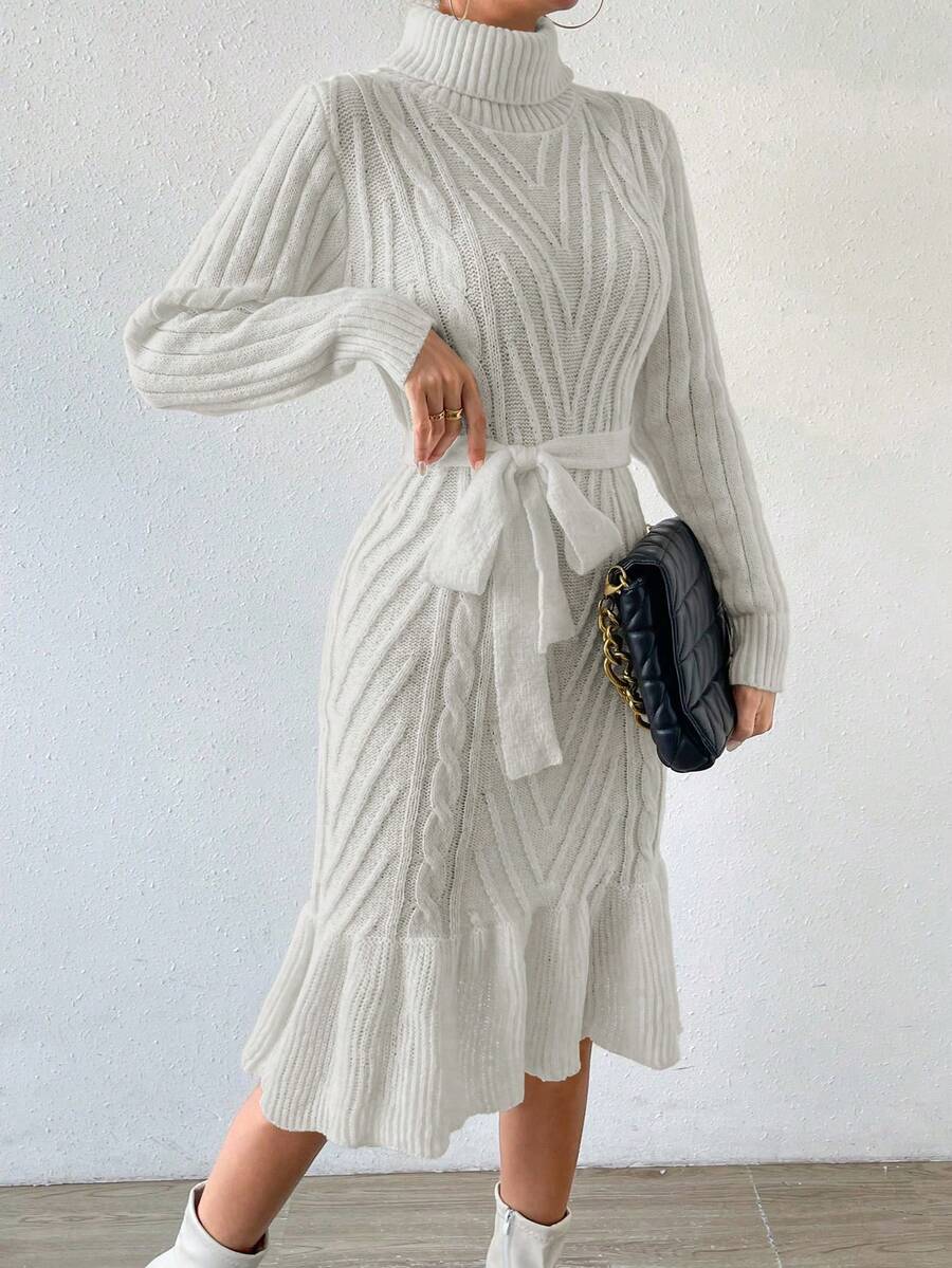 SHEIN Privé Women's Solid Color High Neck Ruffle Hem Sweater Dress - White - View 1