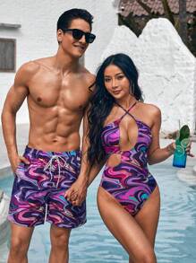 Manfinity VDAYZ 1pc Men's Marble Printed Drawstring Waist Beach Shorts Couples Matching Swimwear Vacation,Hawaiian - Multicolor - View 4