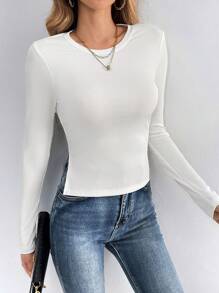 SHEIN Tall 女式側開衩純色圓領長袖t卹 - 白色 - 查看 3