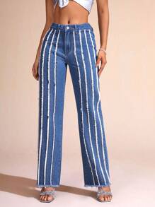 SHEIN BAE Ladies' Straight Leg Jeans With Frayed Patchwork