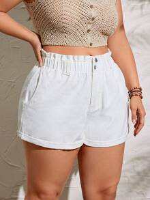 SHEIN LUNE Của phụ nữ Kích thước lớn Màu thuần Quần short Denim Với Nghiêng Túi Và Cán Hem - trắng - Xem 4