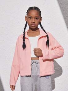 Tween Girl Spring New Solid Color Zipper Front Drop Shoulder Jacket