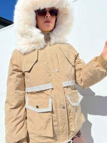 SHEIN EZwear Ladies' Contrast Color Border Collar Padded Coat - Khaki - View 1
