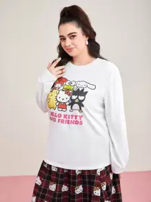 HELLO KITTY AND FRIENDS | SHEIN 加大尺寸卡通字母印花t恤 - 白色 - 查看 1