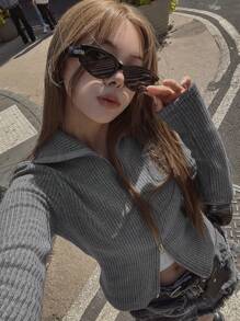 DAZY Women's Collared Zip-Up Cardigan,Long Sleeve Tops,Fall Women Clothes Jacket - Grey - View 1