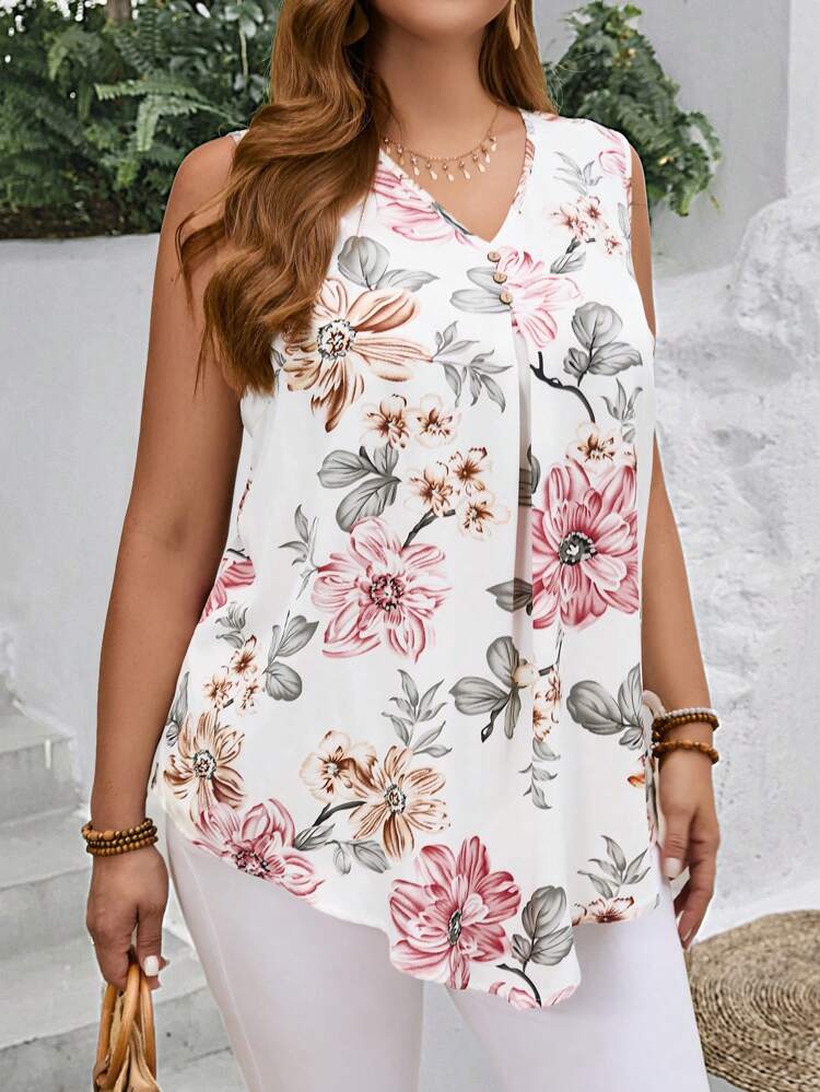 Plus Size Women Print V-Neck Tank Floral Blouse For Spring, Summer,Flower/Vacation