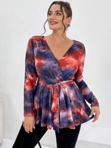 SHEIN Essnce Plus Size Tie-Dye Wrap Belt T-Shirt