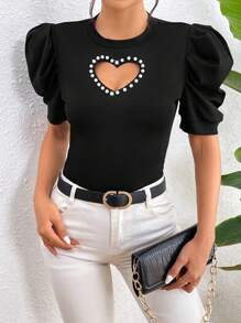 SHEIN Clasi 心型鏤空珍珠鉚釘泡泡袖t卹 - 黑色 - 查看 6