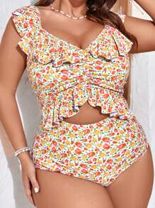Swim Mod Summer Beach Plus Size Women's One Piece Swimsuit With Floral Print And Ruffled Hem Carnival - Multicolor - View 1