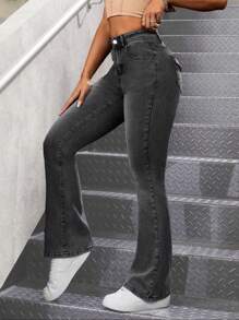 SHEIN PETITE Women's Slim Fit Flare Jeans - Light Grey - View 6