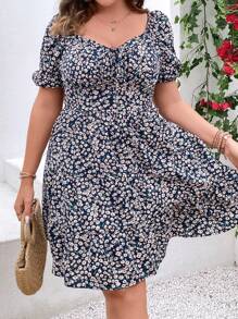 Breezaya 大尺碼女士甜心領花卉印花連身裙 - 藏蓝色 - 查看 4