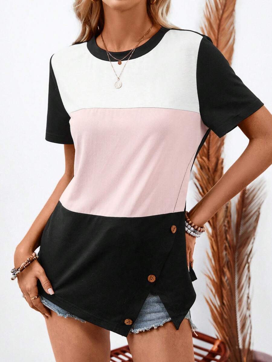 SHEIN LUNE Women's Color Block Button Detail Round Neck Short Sleeve T-Shirt - Multicolor - View 1