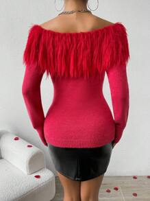 Chiquease Pull-over À Épaules Dénudées Et À Manches Longues Et Pelucheux Pour Femmes