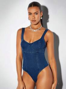SHEIN BAE Của phụ nữ Người yêu Đường viền cổ áo Không tay Denim Áo liền quần - Rửa trung bình - Xem 4