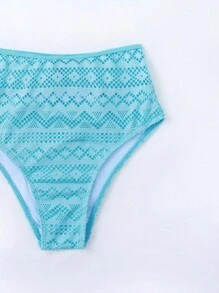 SHEIN Swim 女士纯色镂空比基尼套装，高腰两件套比基尼套装泳装泳衣沙滩装夏季度假夏日海滩 - 藍色 - 查看 7