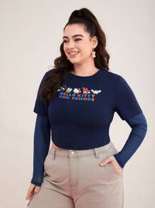 HELLO KITTY AND FRIENDS | SHEIN 卡通標語印花2合1上衣（大尺碼） - 藏蓝色 - 查看 3