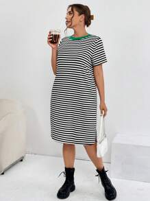 SHEIN Essnce Kích thước lớn Của phụ nữ Vòng cổ Sọc Đầm - Đen và trắng - Xem 4