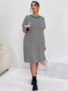 SHEIN Essnce Kích thước lớn Của phụ nữ Vòng cổ Sọc Đầm - Đen và trắng - Xem 5