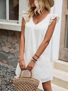 SHEIN VCAY 女性優雅拼接荷葉邊裝飾邊v領裙子 - 彩色 - 查看 3