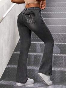 SHEIN PETITE Women's Slim Fit Flare Jeans - Light Grey - View 1