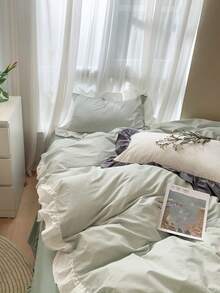 3pcs Green Velvet Floral Lace Duvet Cover Set - Green - View 4