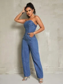 SHEIN SXY 女士丹寧無肩帶連身褲 - 中等水洗藍 - 查看 5