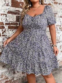 Breezaya 甜心領花卉印花大尺碼連衣裙,腰部綁帶設計 - 紫色 - 查看 5