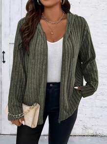 SHEIN LUNE 女士加大碼純色肋紋拉鍊前帽兜外套 - 軍綠色 - 查看 1