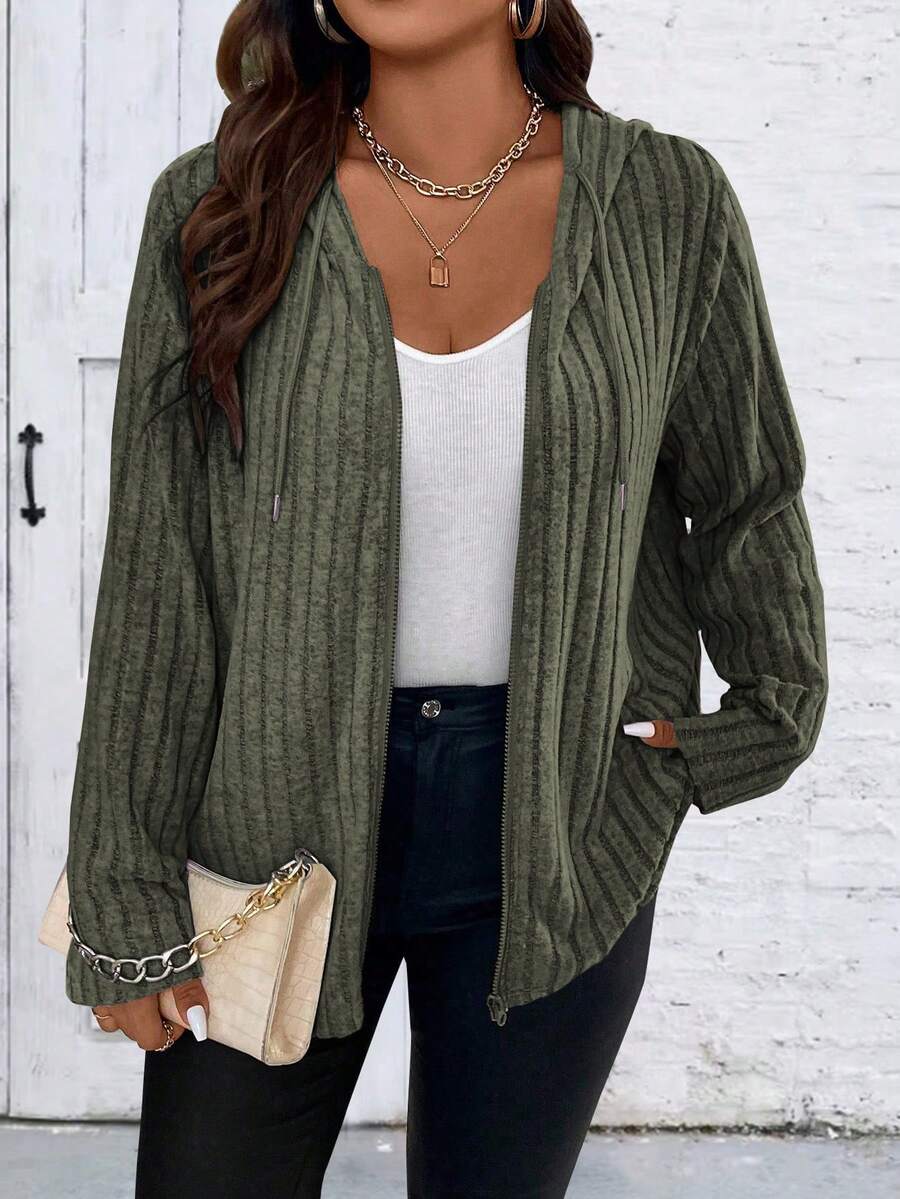 SHEIN LUNE 女士加大碼純色肋紋拉鍊前帽兜外套 - 軍綠色 - 查看 1