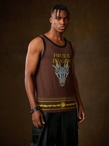 HOUSE OF THE DRAGON X SHEIN Nam Đầu rồng & Lá thư In Áo ba lỗ - Cà phê nâu - Xem 5