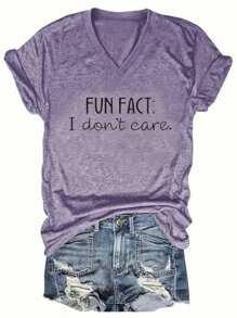 SHEIN LUNE Camiseta de manga corta con estampado de eslogan para mujer "DATO DIVERTIDO NO ME IMPORTA"