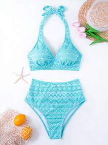 SHEIN Swim 女士纯色镂空比基尼套装，高腰两件套比基尼套装泳装泳衣沙滩装夏季度假夏日海滩 - 藍色 - 查看 3
