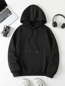 SHEIN EZwear Women's Casual Slogan Graphic Printed Hooded Drawstring Casual Sweatshirt - Black - View 2