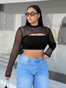 SHEIN EZwear 1pc Women's Black Knit Mesh Top (Excluding Camisole) - Black - View 3