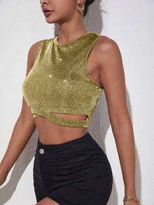 SHEIN Privé Women'S Sparkly Cross Back Crop Tank Top - Gold - View 3