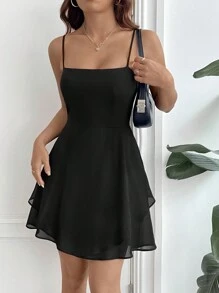 SHEIN EZwear Ladies' Solid Color Spaghetti Strap Dress - Black - View 4