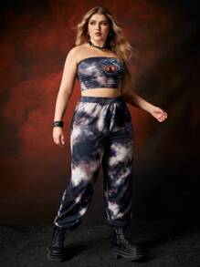 HOUSE OF THE DRAGON X SHEIN Plus Dragon Pattern Tie-Dye Print Two-Piece Set - Black - View 3