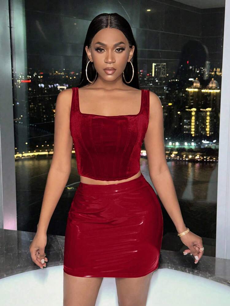 Women's Solid Color Tank Top & Bodycon Skirt Two Piece Set