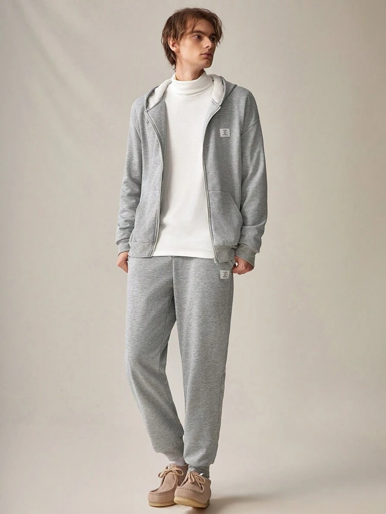 Men Letter Patched Zip Up Hoodie & Sweatpants Without Tee, For Fall Winter