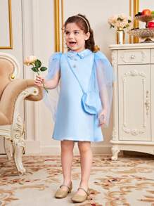 Vestido azul elegante para niña con mangas tipo cascada de malla con hebilla de metal - Celeste - Ver 5