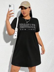 CovetEZ 大尺碼女士字母印花短袖裙 - 黑色 - 查看 5