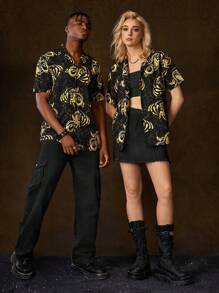 HOUSE OF THE DRAGON X SHEIN Unisex 1pc All Over Print Short Sleeve Shirt - Black - View 4