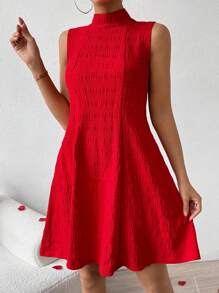 SHEIN Frenchy 女款純色立領連身裙 - 紅色 - 查看 1