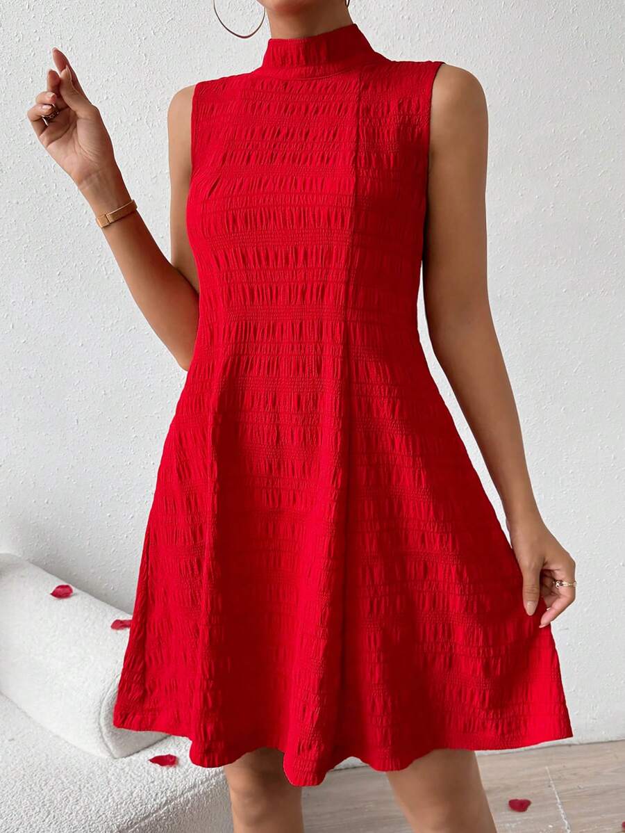 SHEIN Frenchy 女款純色立領連身裙 - 紅色 - 查看 1