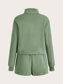 SHEIN Daily&Casual Women's Zipper Half-Placket Sweatshirt And Sports Shorts Set - Green - View 2