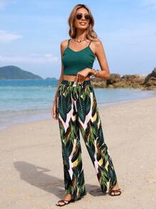 SHEIN VCAY 夏季海滩女式纯色吊带背心和植物印花裤两件套 - 綠色 - 查看 3
