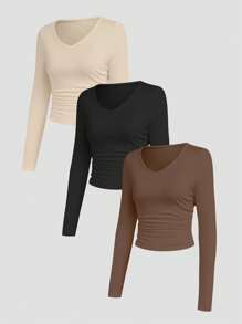 SHEIN Unity 女裝v領長袖修身t恤 - 棕色 - 查看 4